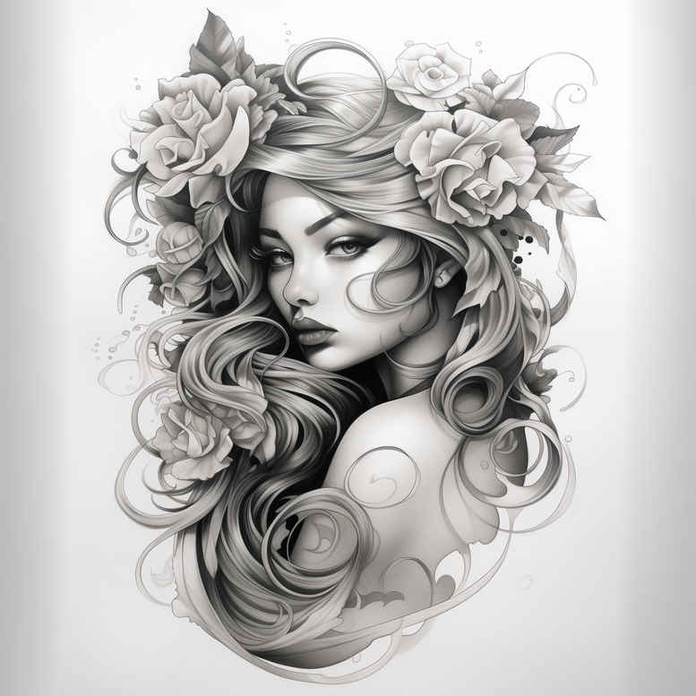 Portrait of a woman with flowing hair and roses in grayscale; black and grey tattoo design concept, AI-generated tattoo project, suitable for a cover-up.