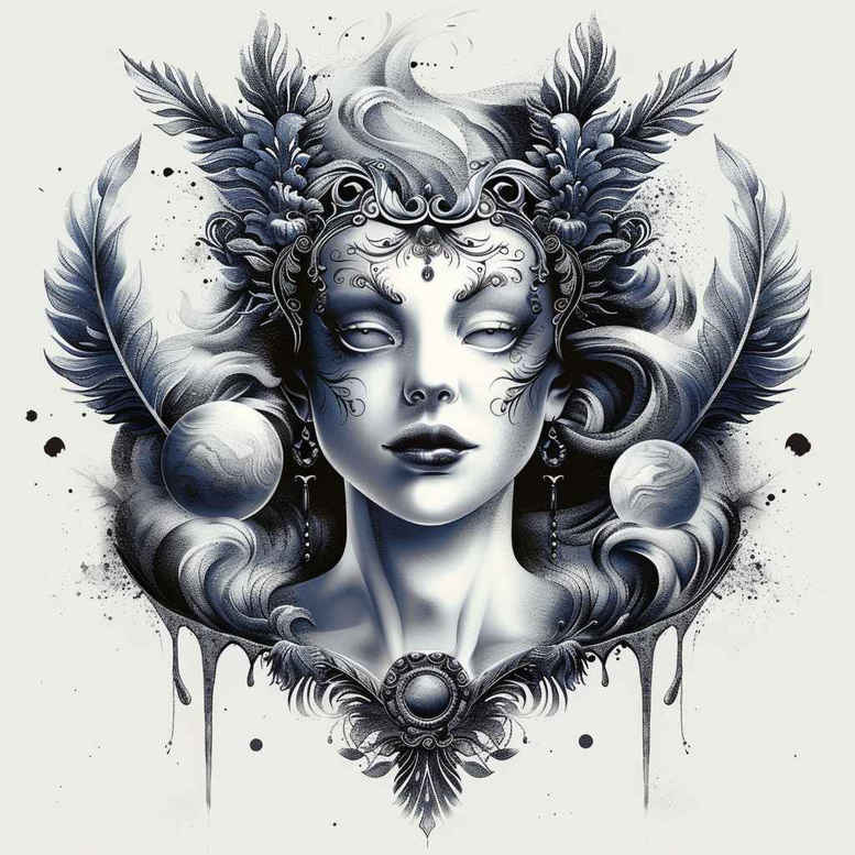 Portrait of a woman with ornate headpiece and feathers, a forehead gem, floral accents, and ink drips in black and grey; project for cover-up.