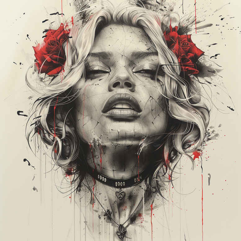 Face of a woman in grayscale with flowing hair, a choker, and rose accents plus paint splatter; black and grey tattoo design concept, a project idea, not ideal for cover-up.