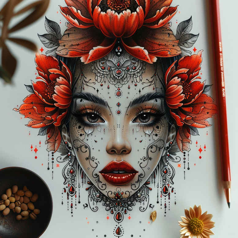 Face portrait with red floral crown, black and grey lace pattern, and ink splatters; cover-up-ready AI-generated tattoo project idea.