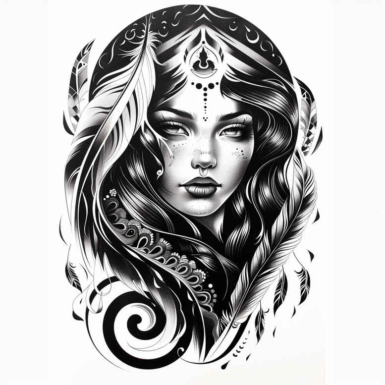 Black and grey tattoo design featuring a detailed female portrait with mandala accents and flowing hair; project suitable for cover-up.