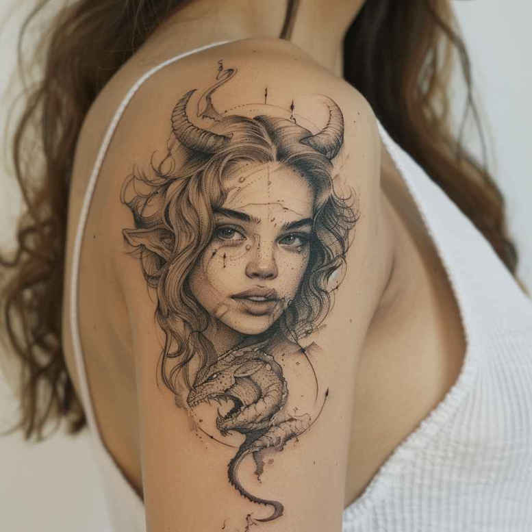 Face, flame, and hair in black and grey; tattoo project on shoulder; not ideal for cover-up.