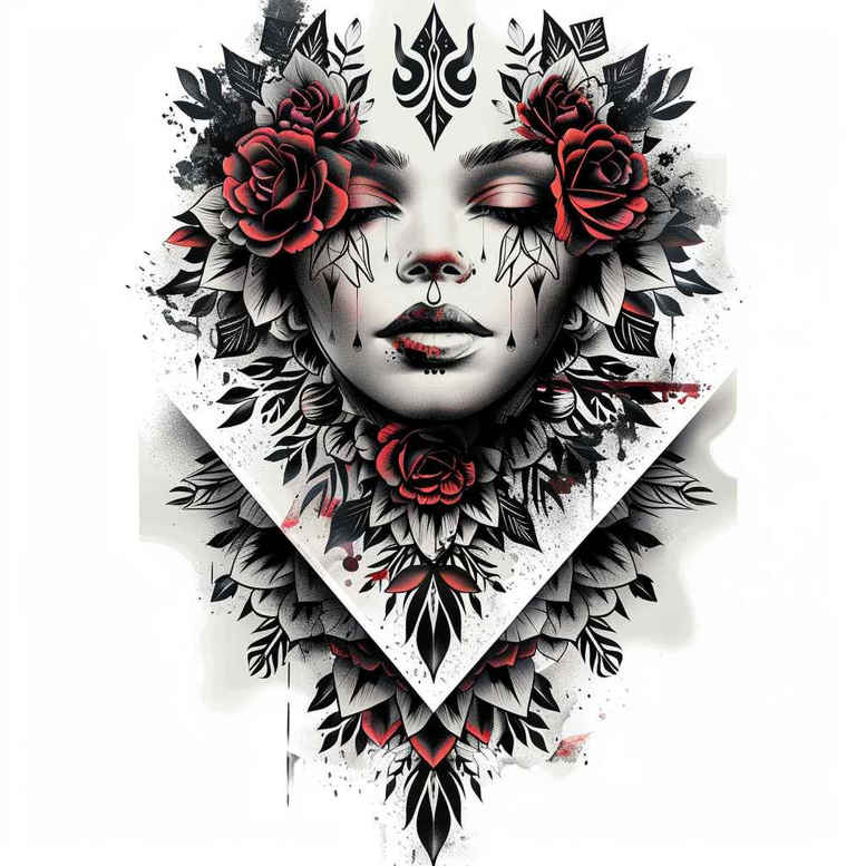 Face of a woman, rose, lace, leaves, and a geometric triangle; black and grey shading with red rose accents; tattoo design idea, cover-up-ready.