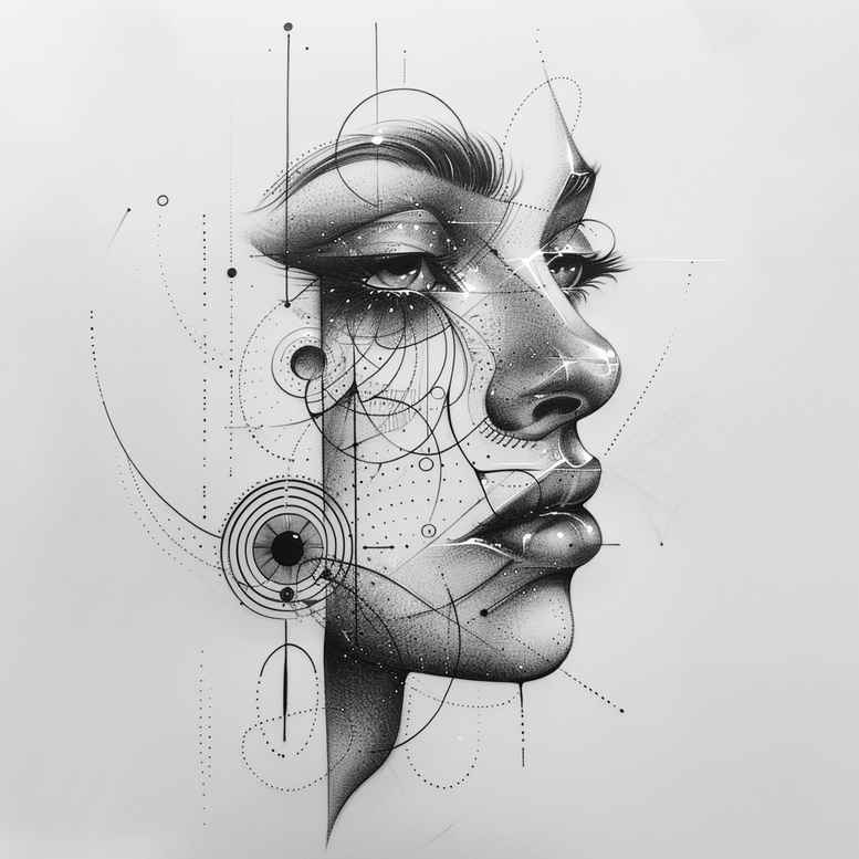 Black and grey face portrait with geometric lines and circles; tattoo design concept for cover-up.