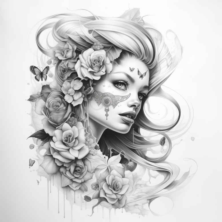 Portrait of a woman with roses and butterfly in black and grey; AI-generated tattoo project concept; suitable for a cover-up.