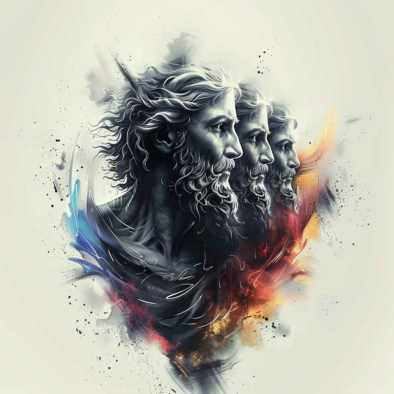 Three-faced portrait in black and grey with a bearded profile and blue and orange color splashes; AI-generated tattoo project concept, suitable for cover-up.