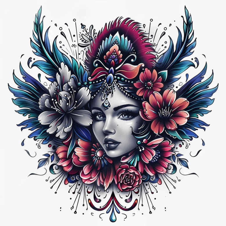 Face of a woman with blue and pink floral headdress, detailed flowers, leaves, and ornamental swirls; tattoo design, suitable for a cover-up.