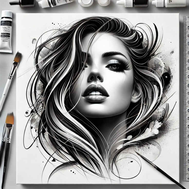 Portrait of a woman in black and grey with flowing hair, framed sketch; AI-generated tattoo project idea; suitable as a reference for a cover-up.