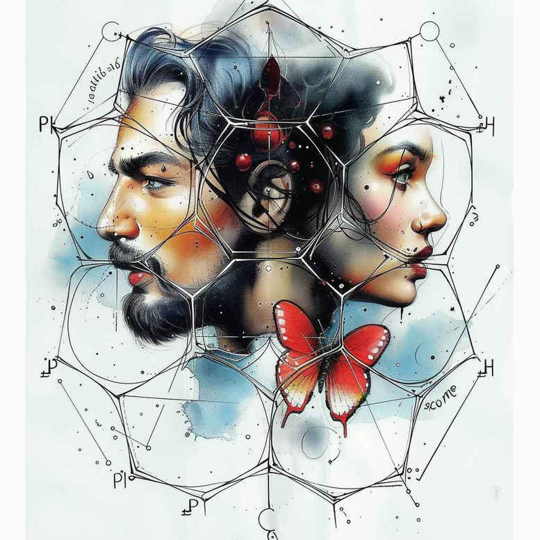 Man and woman heads with butterfly and geometric web pattern in color; tattoo project idea; suitable for cover-up.