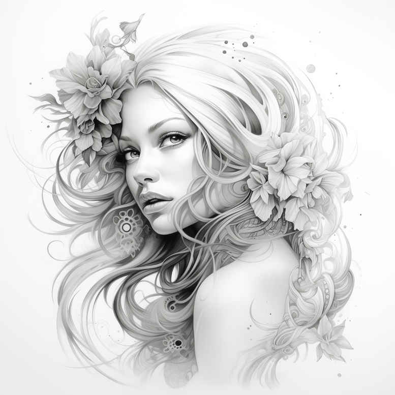 Black and grey: woman, flower, hair, eye, ear, nose, lip, shoulder; tattoo design idea; cover-up suitable.