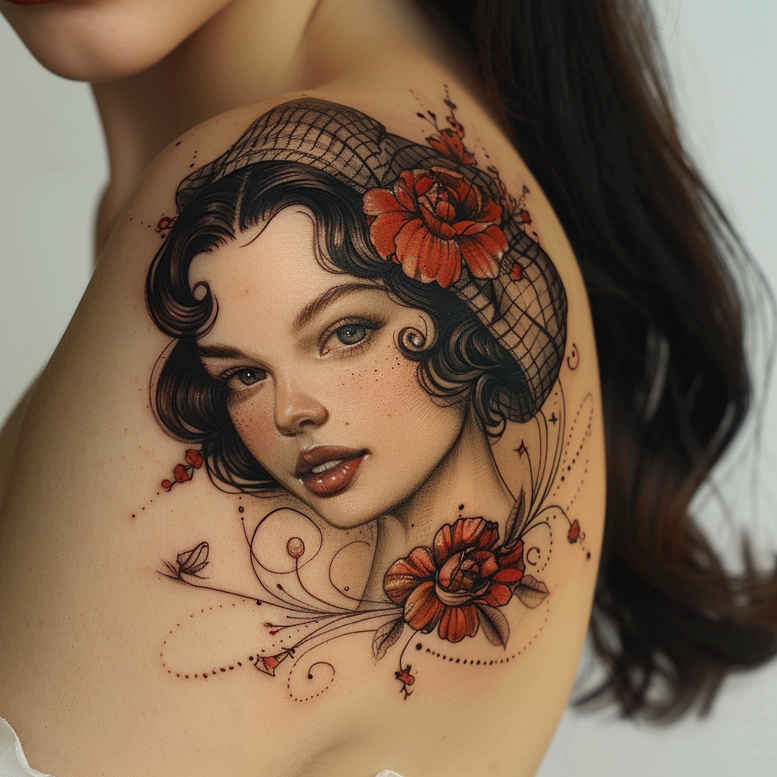 Color portrait of a woman with red roses and decorative swirls on the shoulder; color tattoo design concept, AI-generated tattoo project.