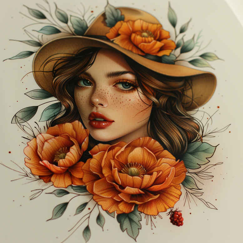 Portrait of a woman in a straw hat, surrounded by vivid orange flowers and green leaves; colored tattoo design concept, suitable for a cover-up.