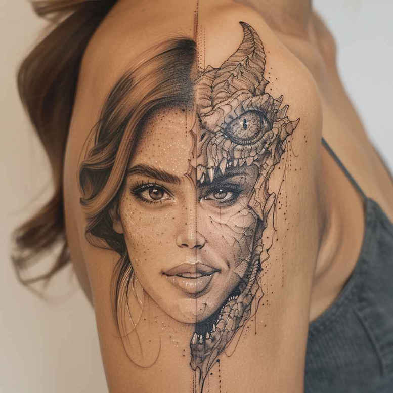 Black and grey portrait of a woman's face on the shoulder with lace pattern overlay; cover-up tattoo design idea.