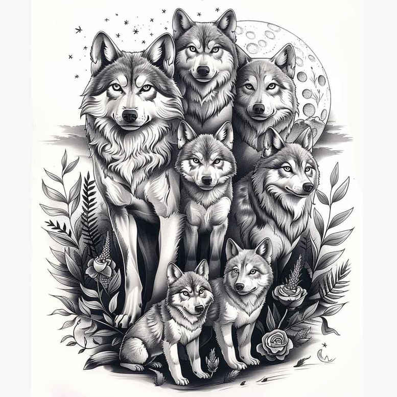 Group of black and grey wolves forming a circular portrait with fern fronds; AI-generated tattoo project, ideal for a cover-up.