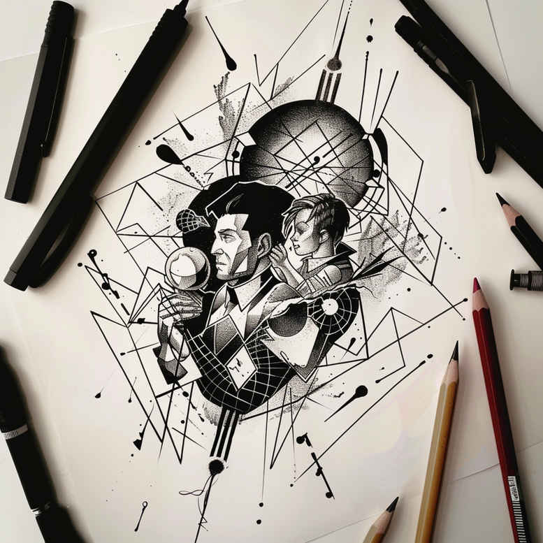 Man and woman inside a geometric circle with radiating lines in black and grey; pencil sketches around; AI-generated tattoo project, suitable for cover-up.