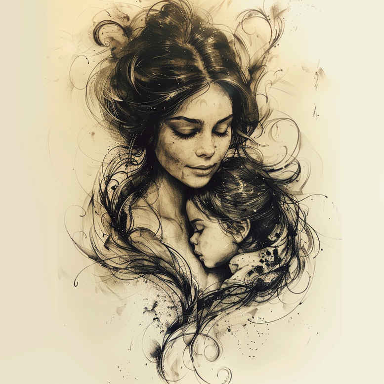 Woman and baby in black and grey sketch; tattoo project idea; cover-up suitable.