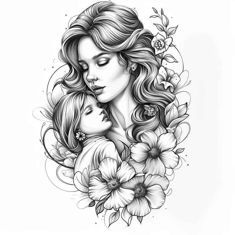 Black and grey illustration of a woman cradling a baby with blooming flower and leaf motifs; tattoo design idea, project concept, not ideal for cover-up.