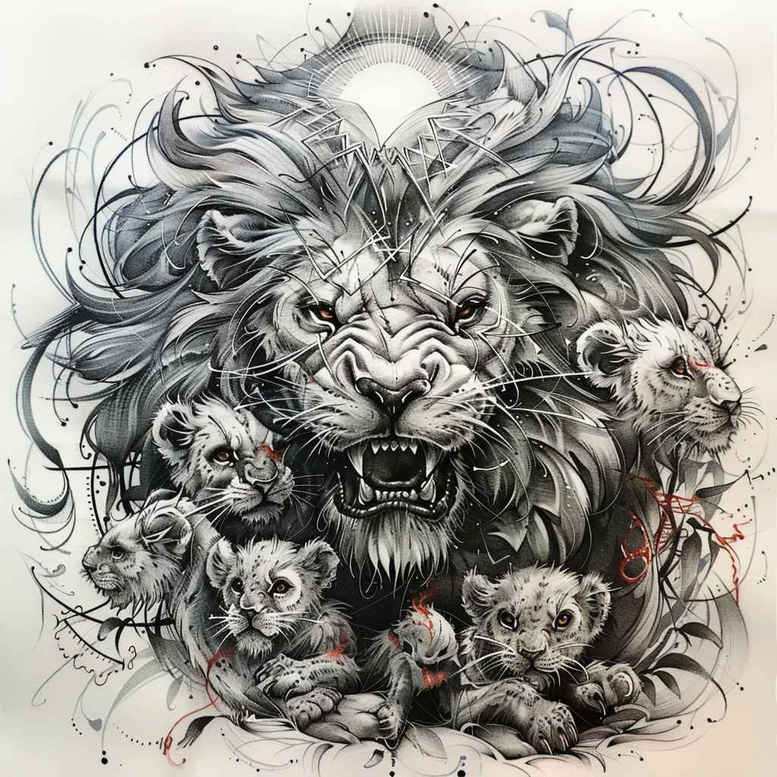Black and grey tattoo design of a lion with cubs; project idea, perfect for cover-up.