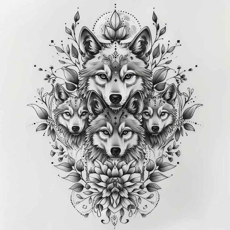 Black and grey tattoo design with a central wolf, flowers, a mandala, and leaves; AI-generated tattoo project concept, ideal for a cover-up.