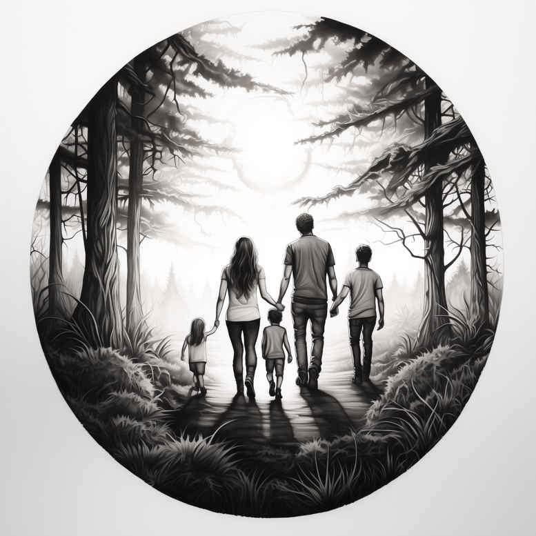 Family silhouettes walking through a dark forest in black and grey; project idea for cover-up tattoo design.