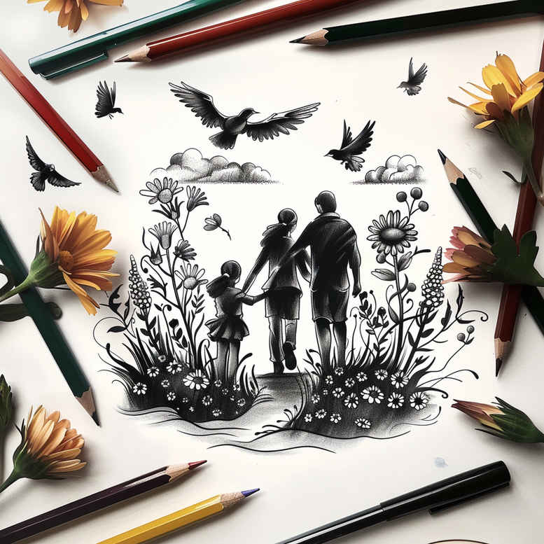 Black and grey line drawing featuring couple, child, flowers, and birds; tattoo design concept; project idea; not ideal for cover-up.