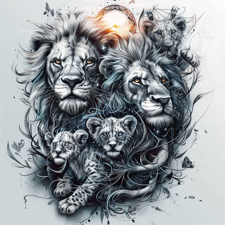 Lions and leopard in black and grey; cover-up ready tattoo project.