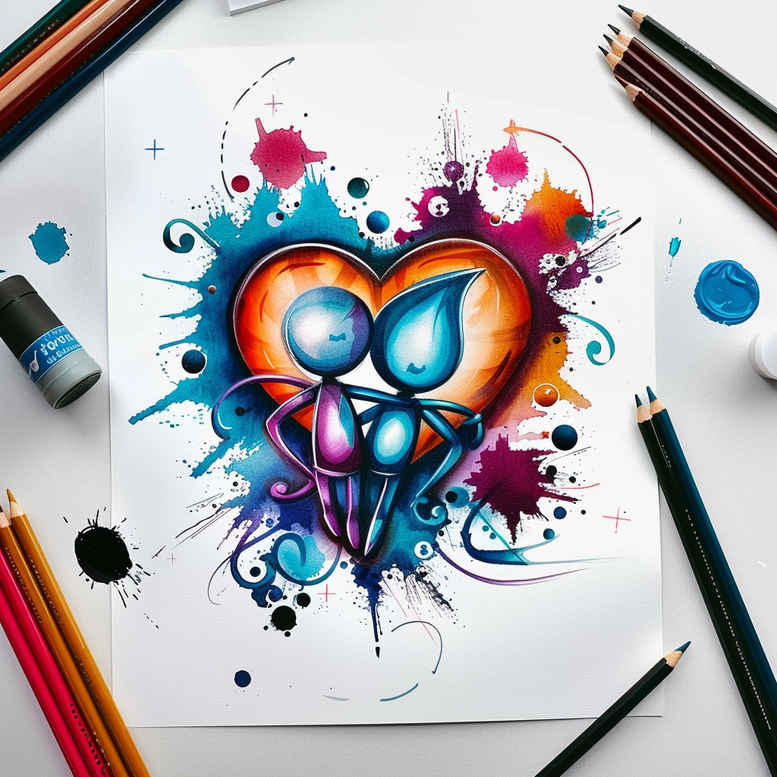 Colorful heart and owl face with blue and red tones, paint splashes on paper; tattoo design idea featuring heart, owl, splashes, pencils; color project; not ideal for cover-up.