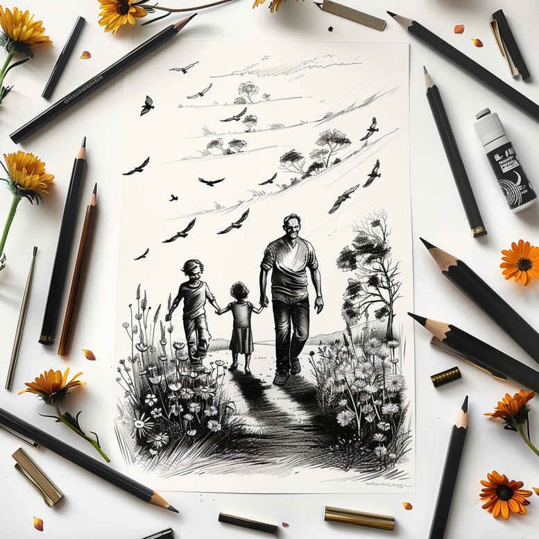Black and grey ink drawing of a man and child holding hands on a sketch page, surrounded by flowers; a tattoo design concept for the arm or back.