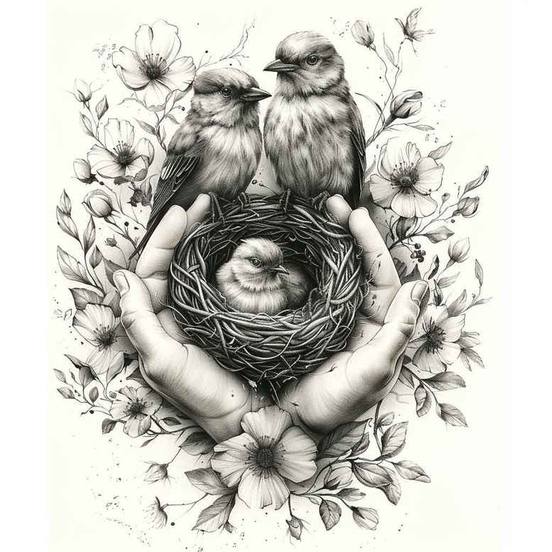 Hands hold a nest with a chick, flanked by birds and surrounding flowers in black and grey linework; design idea for a tattoo project; not suitable for cover-up.