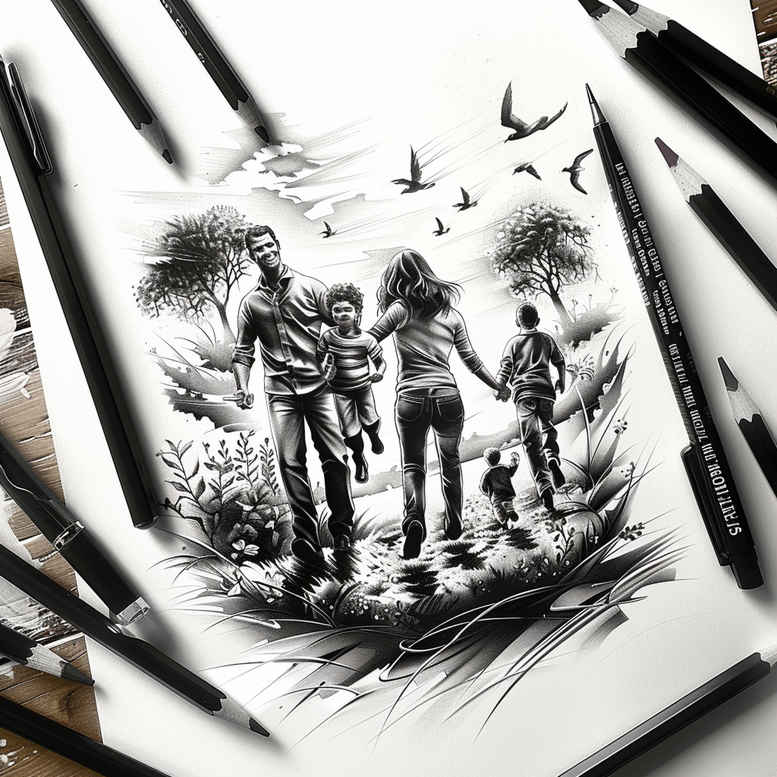 Group of four figures with birds in grayscale sketch for a tattoo design, black and grey, project idea