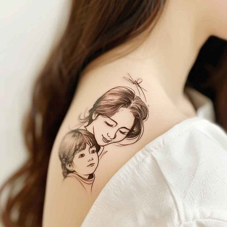 Black and grey line drawing of a mother cradling a child on the shoulder; tattoo design idea in black ink; AI-generated tattoo project; not specifically for cover-up.