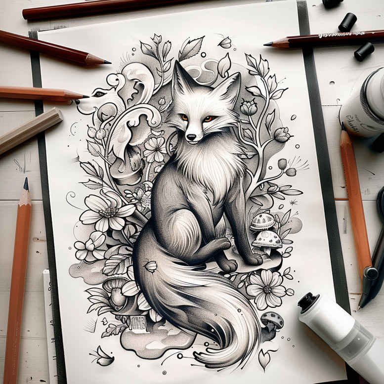 foxes tattoo design ideas black-and-white sharp contours symbolising determination