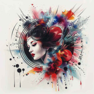 artistic-geisha – tattoo design ideas free ai generated – neotraditional-dynamic-color – for-upper-back – Gallery: geisha-inkby-ai