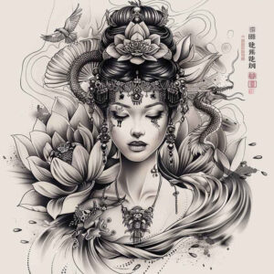 beauty-and-tradition – tattoo design ideas free ai generated – neotraditional-color-richness – for-neck – Gallery: geisha-inkby-ai