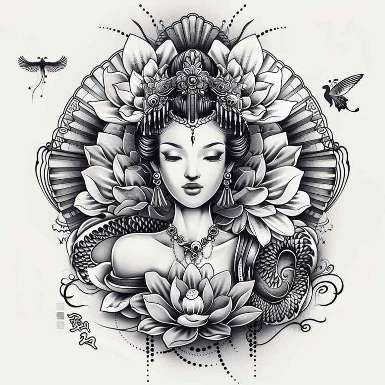 beauty-geisha – tattoo design ideas free ai generated – realism-detailed-rendering – for-sternum – Gallery: geisha-inkby-ai