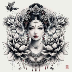 elegant-geisha – tattoo design ideas free ai generated – neotraditional-saturated-hues – for-lower-leg – Gallery: geisha-inkby-ai