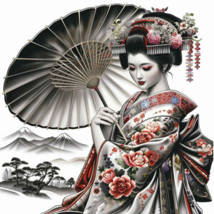 elegant-geisha – tattoo design ideas free ai generated – neotraditional-textured-shading – for-lower-back – Gallery: geisha-inkby-ai