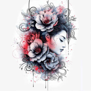 fan – tattoo design ideas free ai generated – neotraditional-dynamic-color – for-temple – Gallery: geisha-inkby-ai