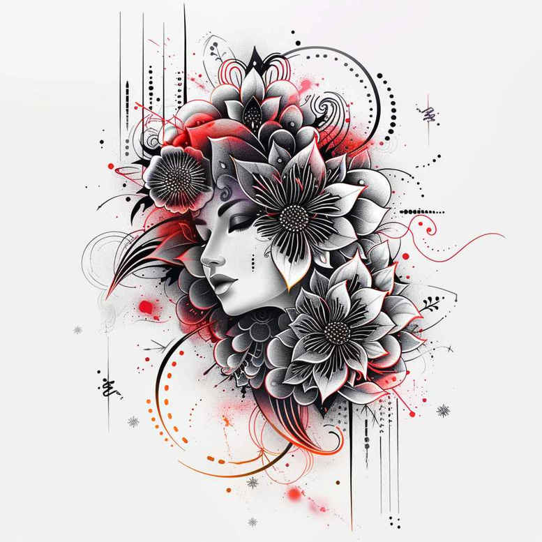 feminine-figure – tattoo design ideas free ai generated – neotraditional-color-blending – for-elbow – Gallery: geisha-inkby-ai