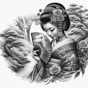 feminine-geisha – tattoo design ideas free ai generated – realism-illusion-of-depth – for-side – Gallery: geisha-inkby-ai