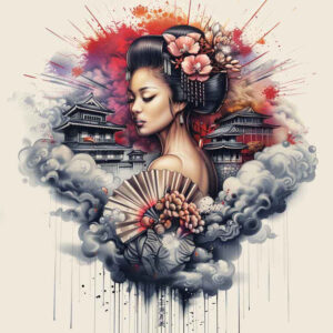 fine-line-geisha – tattoo design ideas free ai generated – neotraditional-layered-fill – for-outer-arm – Gallery: geisha-inkby-ai