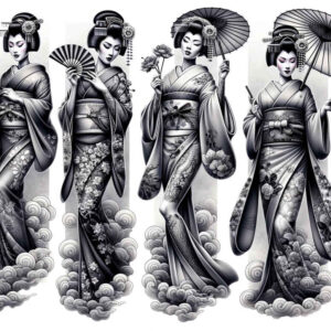fine-line-geisha – tattoo design ideas free ai generated – realism-visual-accuracy – for-lower-thigh – Gallery: geisha-inkby-ai