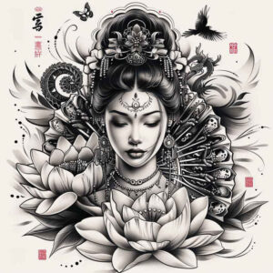 geisha-and-cherry-blossom – tattoo design ideas free ai generated – realism-high-contrast – for-ribs – Gallery: geisha-inkby-ai