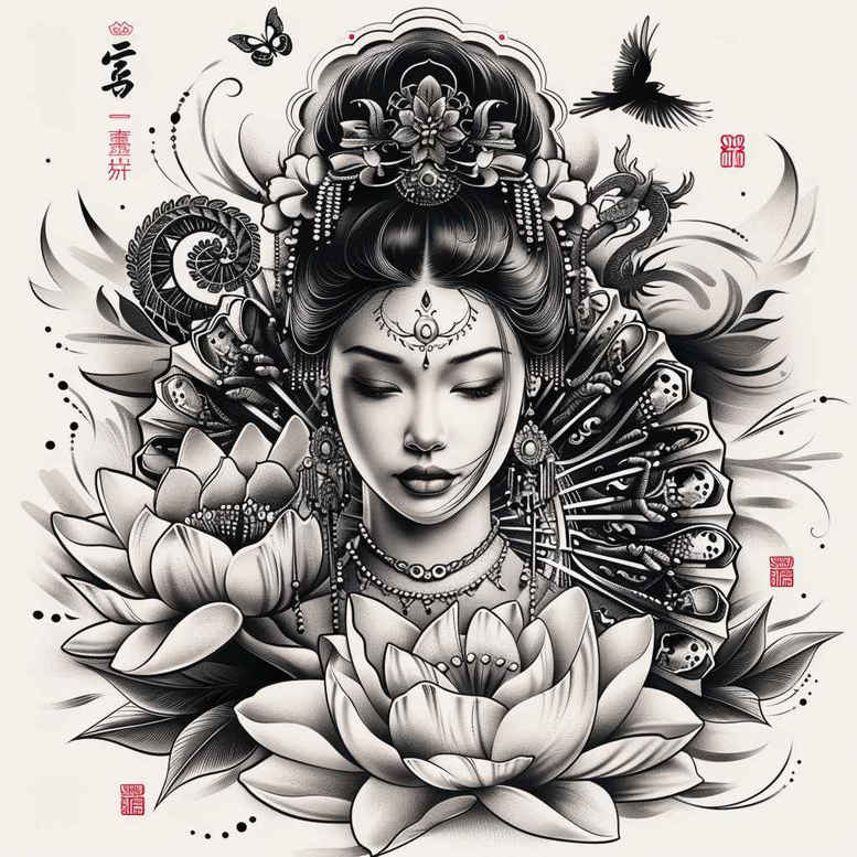 geisha-and-cherry-blossom – tattoo design ideas free ai generated – realism-high-contrast – for-ribs – Gallery: geisha-inkby-ai