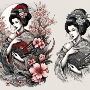 geisha-and-nature – tattoo design ideas free ai generated – neotraditional-soft-blending – for-side – Gallery: geisha-inkby-ai