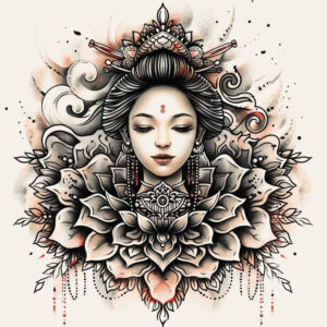 geisha-charm – tattoo design ideas free ai generated – realism-sharp-focus – for-upper-back – Gallery: geisha-inkby-ai