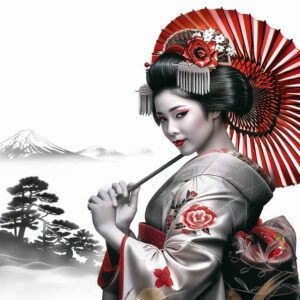 geisha-drawing – tattoo design ideas free ai generated – surrealism-dynamic-shapes – for-back-shoulder – Gallery: geisha-inkby-ai