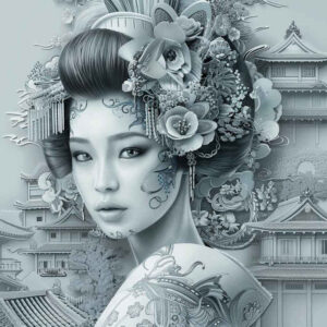 geisha-grace – tattoo design ideas free ai generated – surrealism-displaced-objects – for-upper-back – Gallery: geisha-inkby-ai