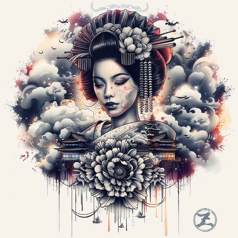 geisha-hairpin – tattoo design ideas free ai generated – neotraditional-rich-shading – for-back-shoulder – Gallery: geisha-inkby-ai