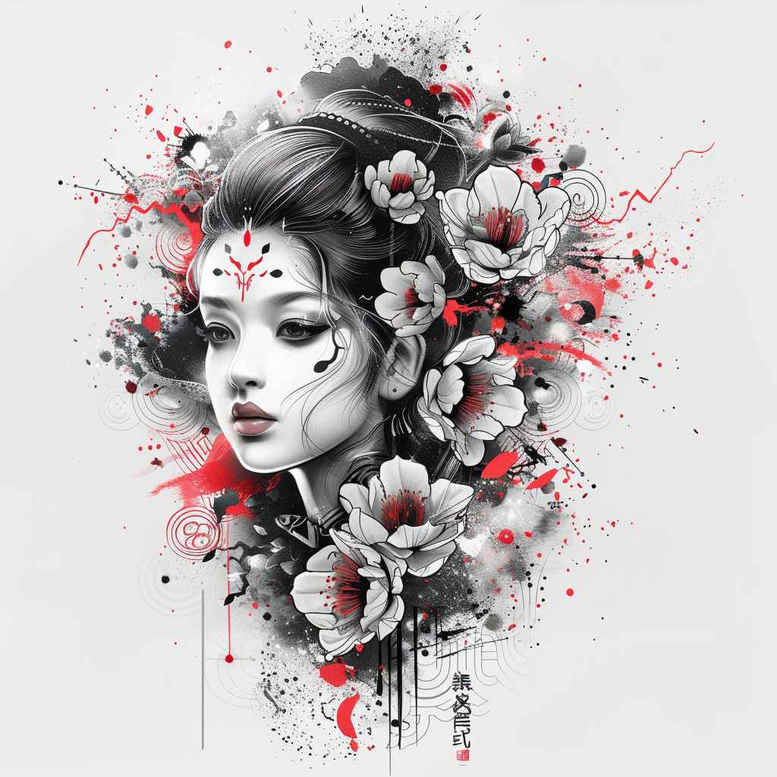 geisha-hairpin – tattoo design ideas free ai generated – surrealism-chromatic-flux – for-nape – Gallery: geisha-inkby-ai